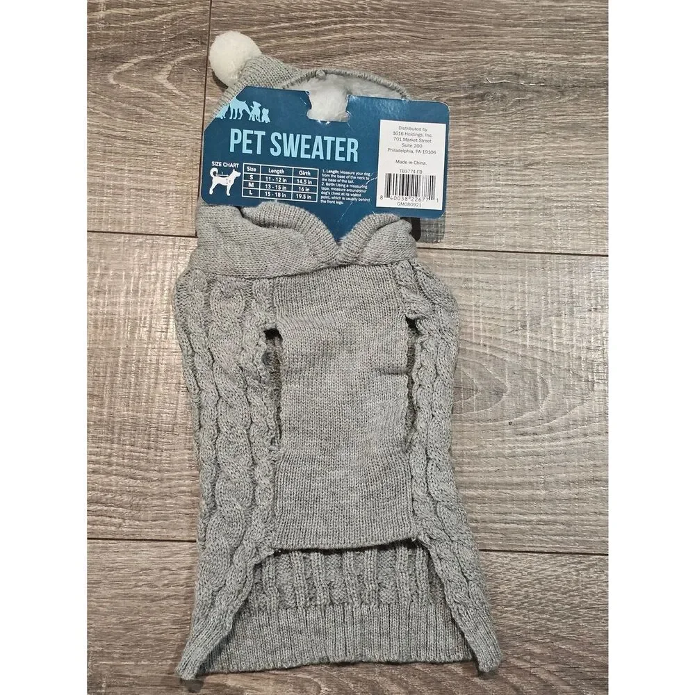 NEW Pet Sweater Size M Grey Knit Dog Sweater with Hood and Pom - Picture 2 of 3